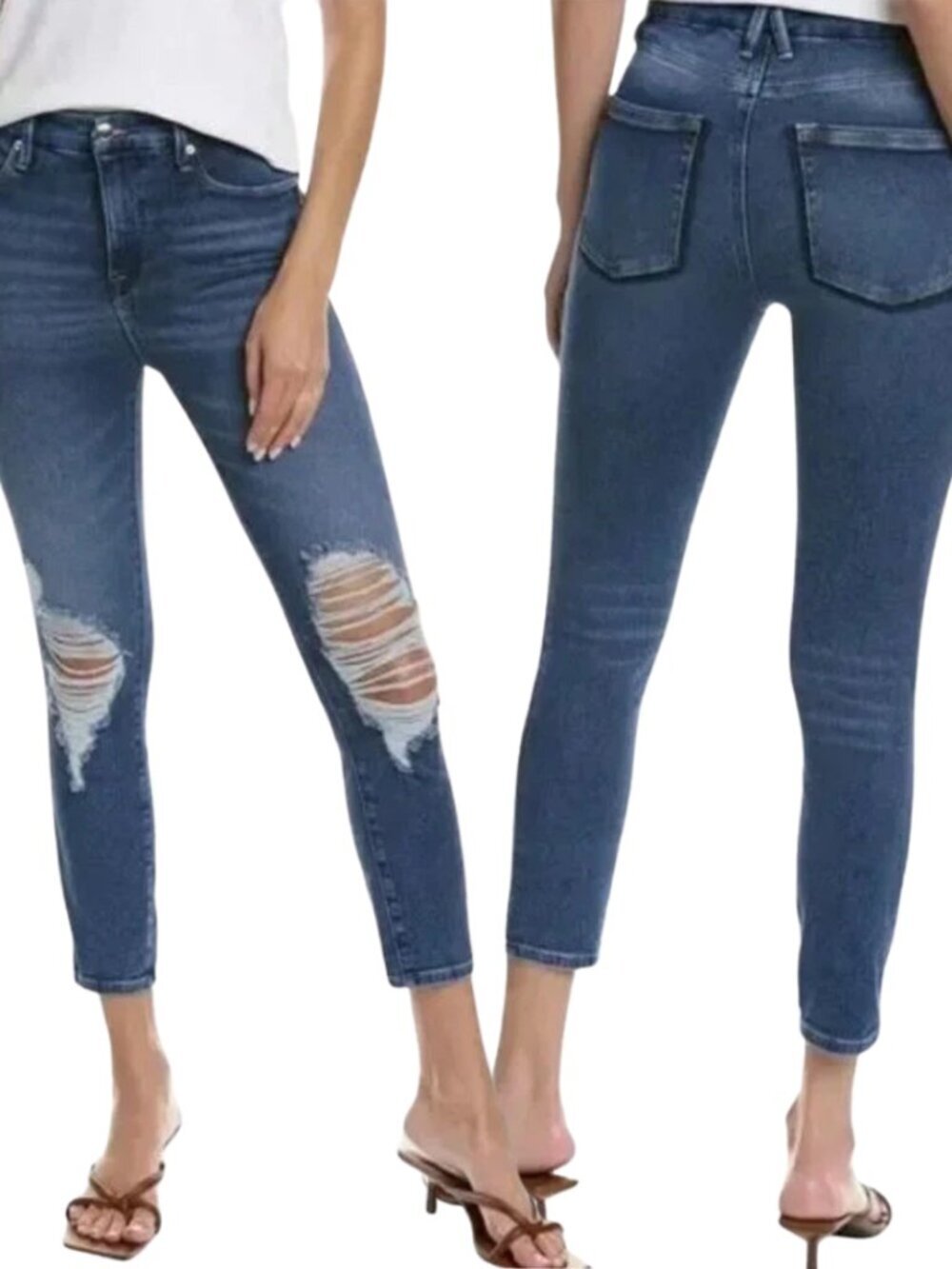 Good American Good Waist Crop Skinny Denim Jeans Womens 0 25 Blue Distressed NWT